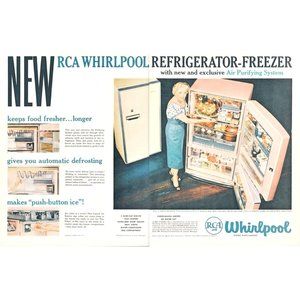1957 RCA Whirlpool Refrigerator Freezer 2 Page Vintage Print Ad Pink MCM 10x13